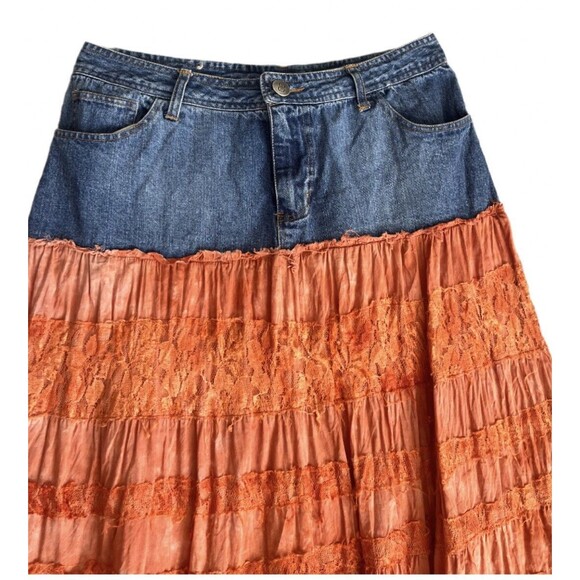 Vtg Bill Blass 100% Cotton Denim and Lace Tiered Fabric Skirt Size 6 - Picture 7 of 8